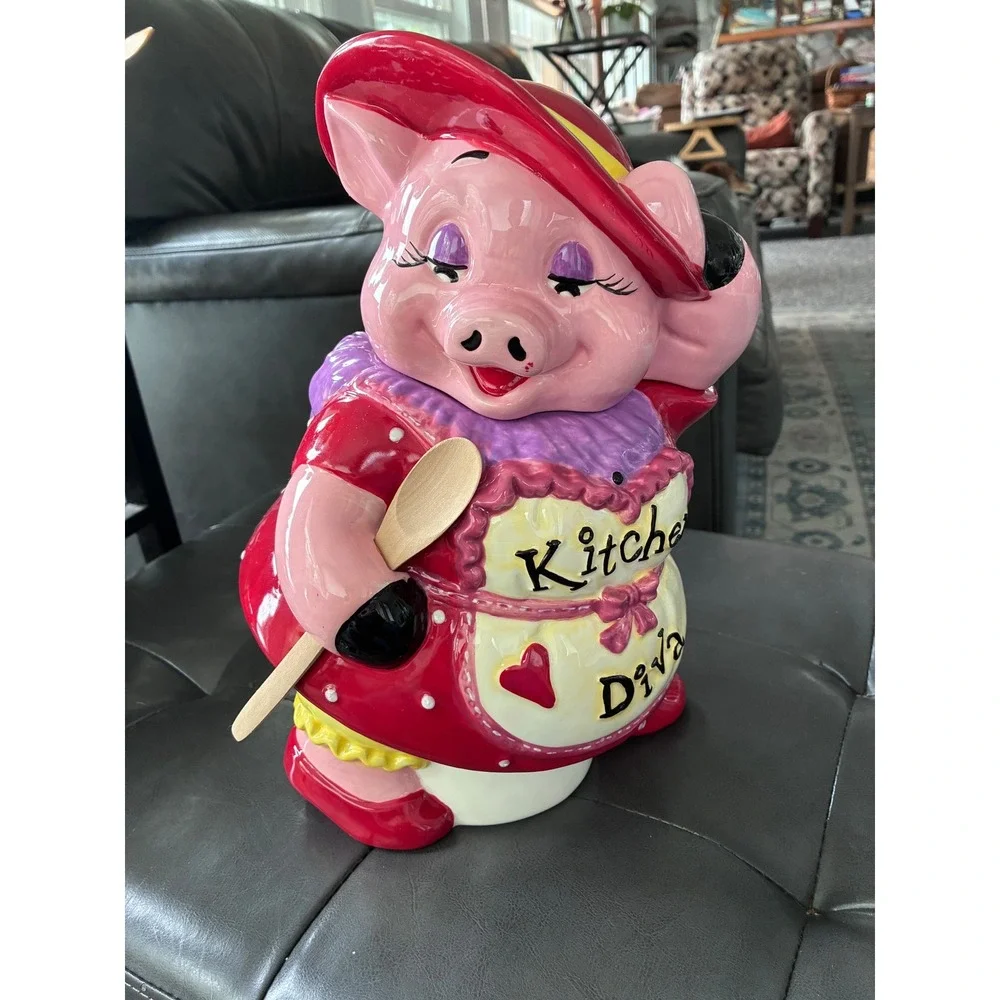 Kitchen Diva Pig Cookie Jar Red Polka Dot Dress Ceramic Novelty Vintage Style